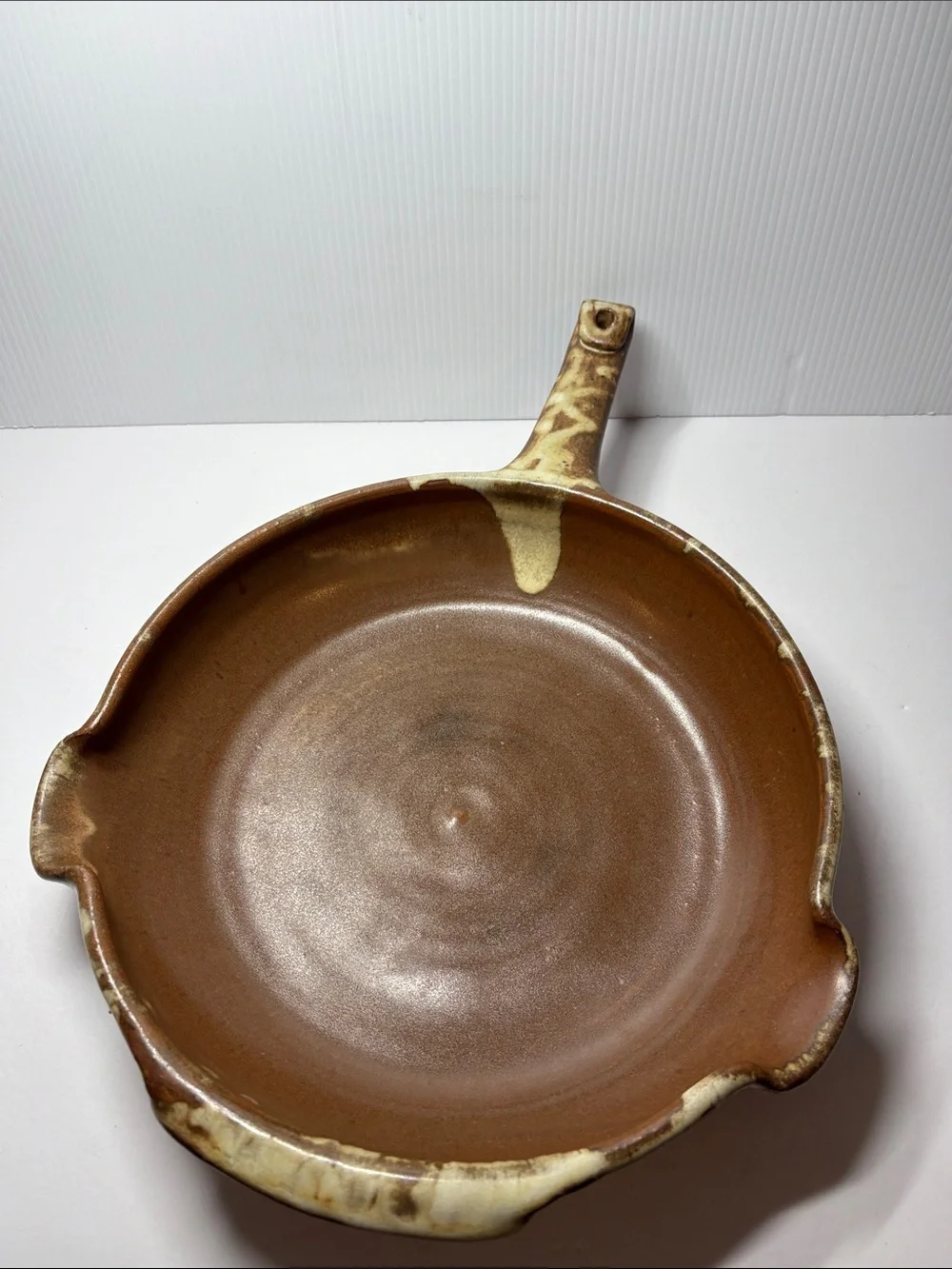 Hand Crafted Brown and Cream Pottery Skillet with Pour Spouts